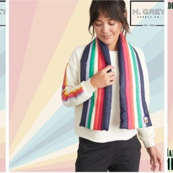 Marine Layer X Lost & Found Retro Rainbow Puffer Scarf Navy/ multi stripe one sz - Picture 9 of 9